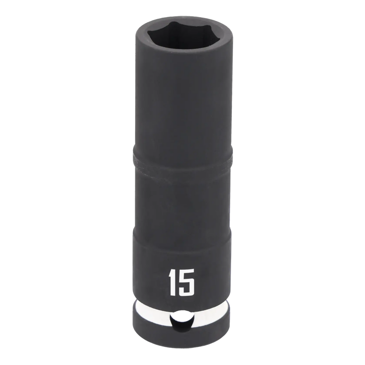 A black deep socket tool with the number 15 printed in white near the base. The tool is cylindrical and designed for use with a ratchet or socket wrench.