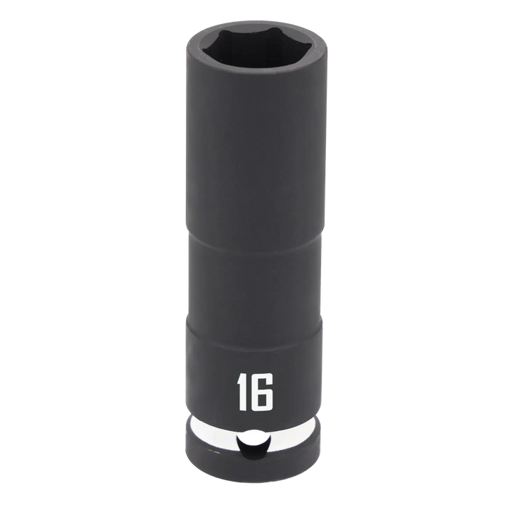 A black deep socket tool with the number 16 printed in white on its side, designed for use with a ratchet for tightening or loosening fasteners.