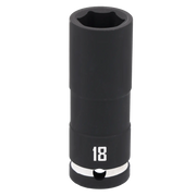A black, cylindrical deep socket tool with the number 18 printed on it, designed for use with a socket wrench.