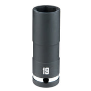 A black, cylindrical socket tool with the number 19 printed on it, photographed on a white background.