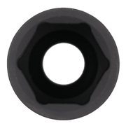 Close-up view of a hexagonal black socket tool, showing the inner profile and opening.