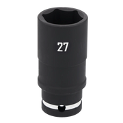 A close-up image of a black CRAFTSMAN deep socket with the number 27 printed on it, used for fastening or loosening bolts and nuts.
