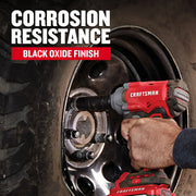 Photo of Craftsman tool CMMT16548 removing lug nuts from a tire, featuring corrosion resistance black oxide finish.