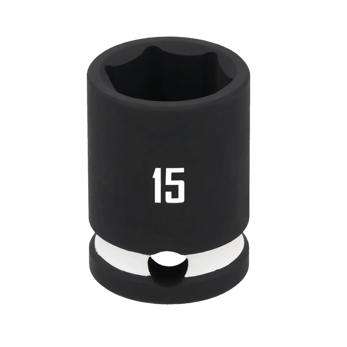A close-up image of a black 15 millimeter socket, used for tightening or loosening bolts, with the number 15 printed in white on the side.