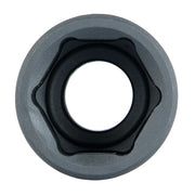 Close-up view of a circular camera lens mount adapter with a central opening and a textured dark surface, photographed against a white background.