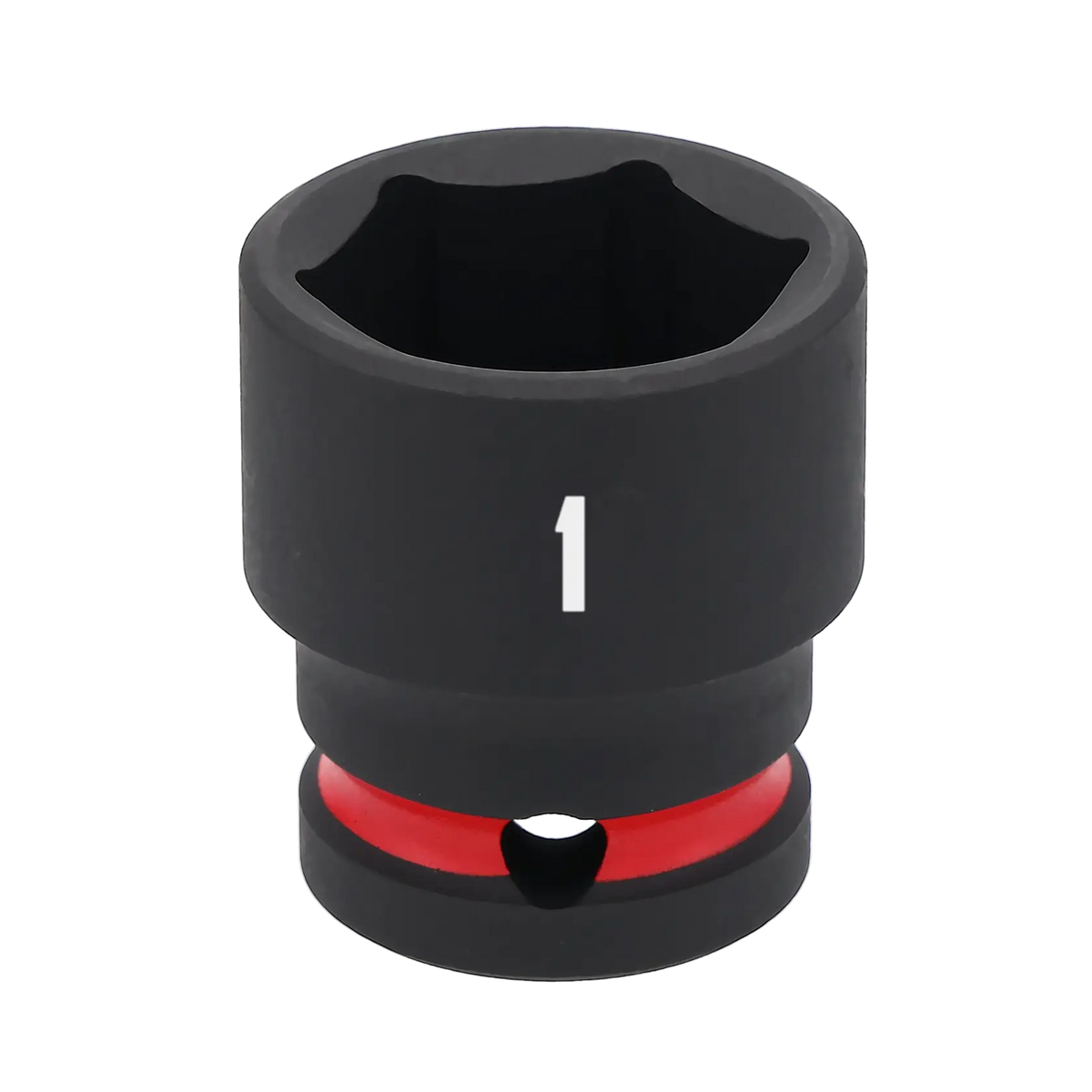 A close-up of a black Craftsman impact socket with a red ring and the number '1' printed on its side.