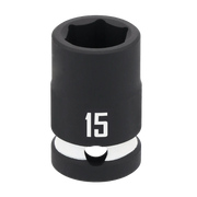 A close-up image of a black Craftsman socket with the number 15 printed on the side, designed for use with ratchets or socket wrenches.