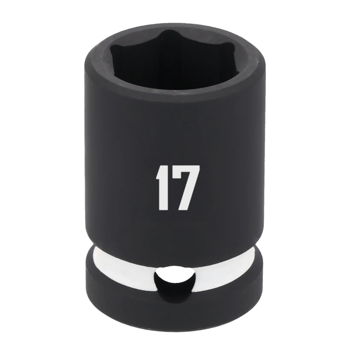 A close-up image of a black socket tool with the number 17 printed on it, used for tightening or loosening nuts and bolts.