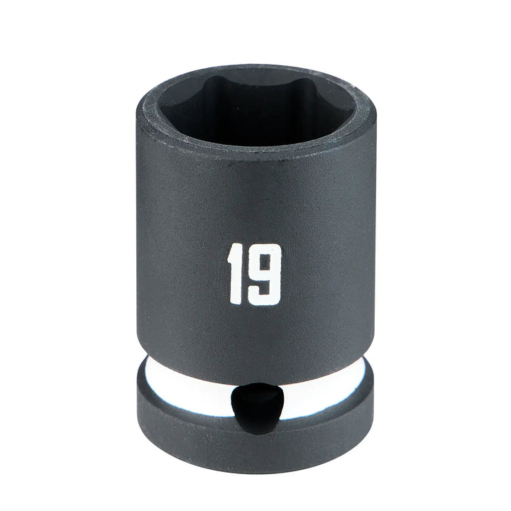 A close-up image of a black socket wrench attachment with the number 19 printed on it.