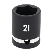 A close-up image of a black, six-point socket tool with the number 21 printed in white on its side, commonly used with socket wrenches for mechanical work.