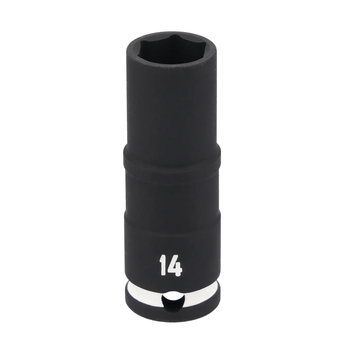 A black, deep impact socket with the number 14 printed in white near the base. The socket is cylindrical with a hexagonal opening at the top for fitting onto a bolt or nut.