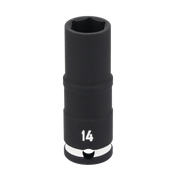 A black, deep impact socket with the number 14 printed in white near the base. The socket is cylindrical with a hexagonal opening at the top for fitting onto a bolt or nut.