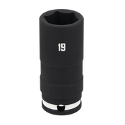 A close-up image of a black Craftsman 19 mm impact socket, standing upright with a white '19' marking visible on its side.