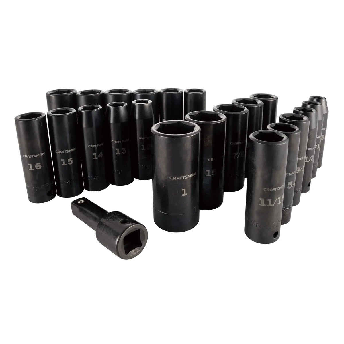 Photo of Craftsman socket set with black sockets, SKU CMMT16970, arranged on white background.