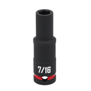 A close-up image of a black Craftsman deep socket with '7/16' marked in white text. The socket features a red ring near the base.