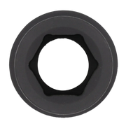 Close-up view of a black socket tool, showing the hexagonal opening in the center.