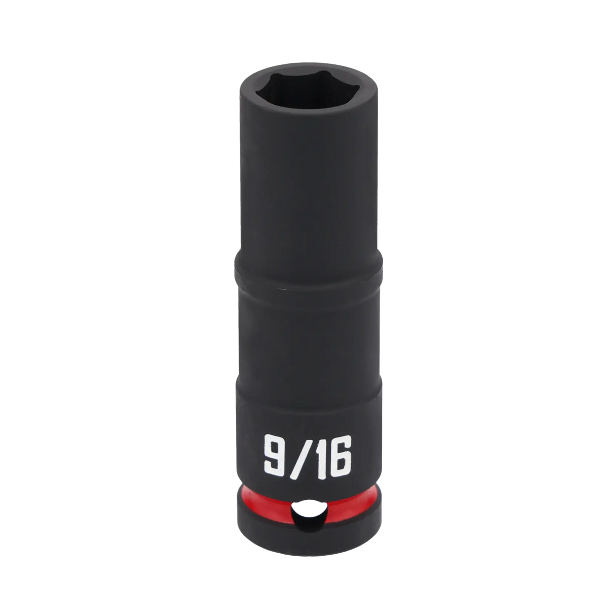 A black deep socket tool with a size marking of 9/16 in white text and a red ring near the base.