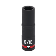 A black deep socket tool with a size marking of 9/16 in white text and a red ring near the base.