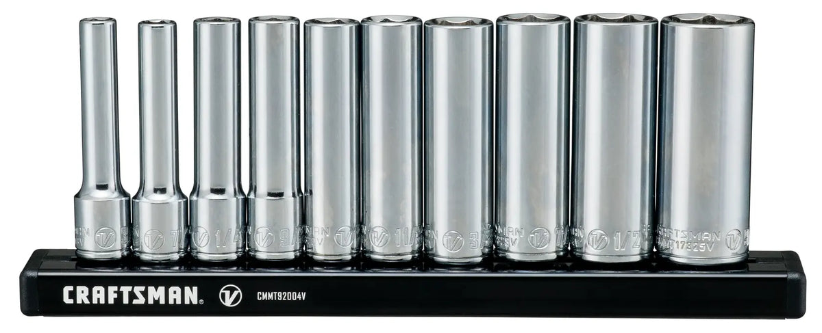 Photo of Craftsman chrome socket set, CMMT17315V, front angle on black rail holder.