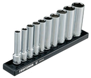 Photo of Craftsman socket set in holder, chrome finish, front angle, SKU CMMT17315V, tool photography.