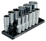 Photo of Craftsman socket set CMMT17360V, chrome finish, on black tray, front angle.