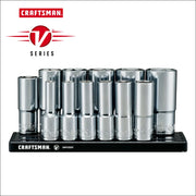 Craftsman V-Series chrome socket set on black tray, front angle, SKU CMMT17360V, graphics category.