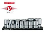 Photo of Craftsman chrome socket set with holder, front angle, V Series branding, SKU CMMT17380V.