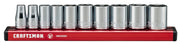 Photo of Craftsman socket set with chrome sockets on a red rail, model CMMT17500V, front angle, white background.