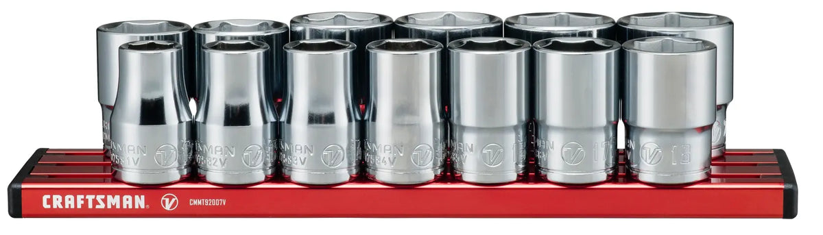 Front view photo of Craftsman socket set on red tray, SKU CMMT17580V, chrome finish, tool accessory.