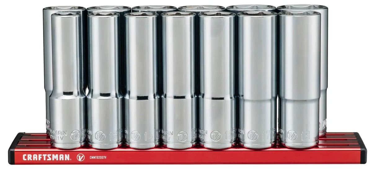 Front view photo of Craftsman socket set on red tray, model CMMT17595V, with ten chrome deep sockets organized upright.