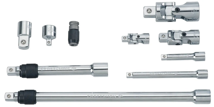 Photo of Craftsman socket accessory set, SKU CMMT17799V, chrome and black pieces shown on white background.