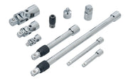 Photo of CRAFTSMAN socket accessory set, SKU CMMT17799V, chrome finish, includes extension bars, adapters, and universal joints, flat lay on white background.