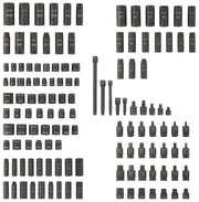Photo of CRAFTSMAN CMMT17901 mechanic tool accessory set, featuring assorted black impact sockets, hex bits, and adapters on white background, top-down angle.