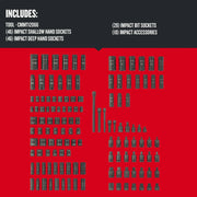 Photo of CRAFTSMAN socket and accessory set CMMT17901, multiple black impact sockets and accessories arranged on red background, top view.
