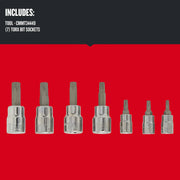 Photo of Craftsman CMMT34449 7-piece Torx bit socket set, chrome finish, front angle, on red background.