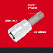Craftsman Torx bit socket with chrome finish, large markings, and gray tip, CMMT34449, close-up on white background.