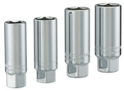 Photo of four chrome Craftsman deep sockets, SKU CMMT34504, upright on white background, tool accessory category.
