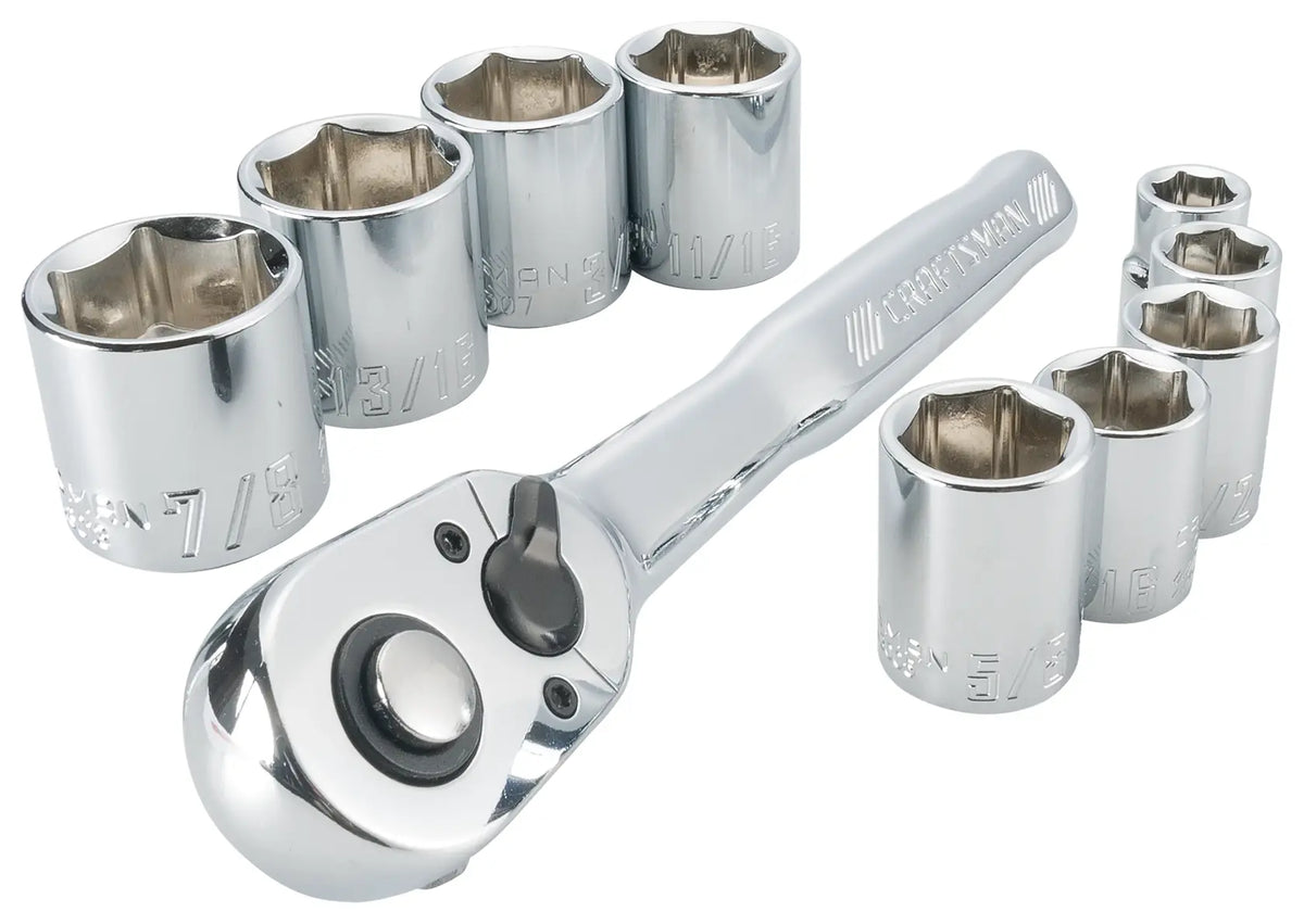 Craftsman CMMT34553 socket wrench set with chrome ratchet and nine hex sockets, white background, front angle.