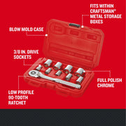 Craftsman CMMT34563 ratchet and socket set in red blow mold case, chrome finish, top view.