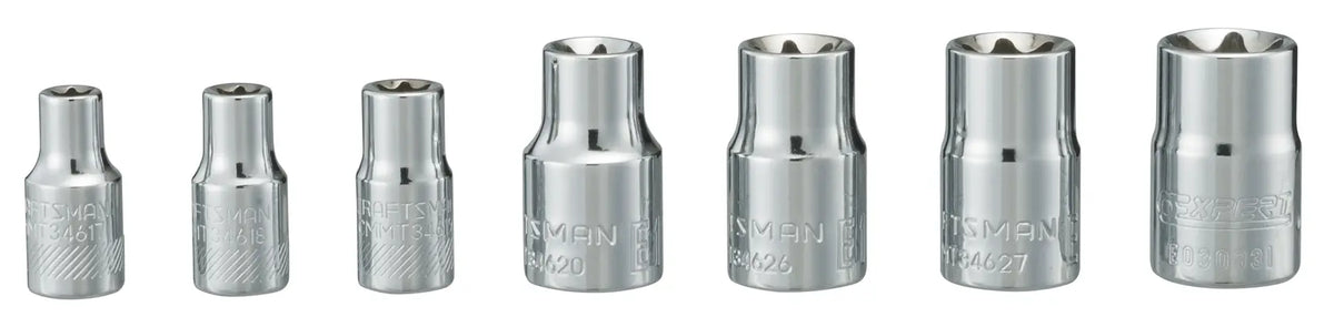 Photo of Craftsman socket set CMMT34570, seven silver sockets lined up, front angle, on white background.