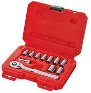 A red plastic case containing a ratchet wrench and several chrome socket attachments, organized neatly in molded slots.