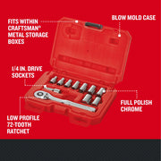 Photo of Craftsman socket set CMMT34871 with chrome sockets and ratchet in red blow mold case, angled view.