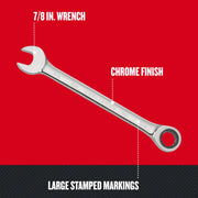 Photo of Craftsman 7/8 in. ratcheting wrench with chrome finish, large stamped markings, CMMT38960, side angle, on red background.