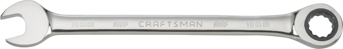 Craftsman CMMT39238 ratcheting combination wrench, 16mm, silver finish, side view on white background.