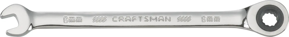 Photo of Craftsman 8mm ratcheting combination wrench CMMT39240, chrome finish, side view on white background.
