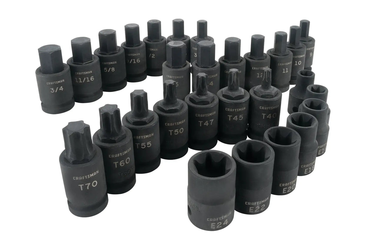 Photo of CRAFTSMAN socket bit set SKU CMMT42031, black impact sockets in various sizes, arranged on white background.
