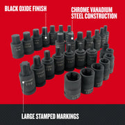 Photo of Craftsman socket set CMMT42031, black oxide finish, chrome vanadium steel, large stamped markings, angled view.