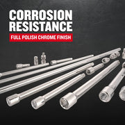 CRAFTSMAN socket extension bar set CMMT42283 with full polish chrome finish on black background, angled view.