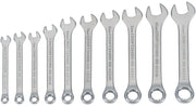 Photo of CRAFTSMAN SKU CMMT42339 metric combination wrench set, 11 chrome wrenches in increasing size on white background.