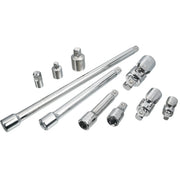 CRAFTSMAN CMMT42351 chrome socket accessory set including extensions and adapters, flat lay, white background.